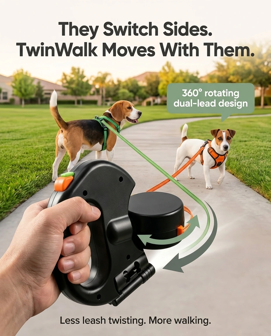 Two dogs switching sides while the 360 degree rotating dual-lead mechanism turns