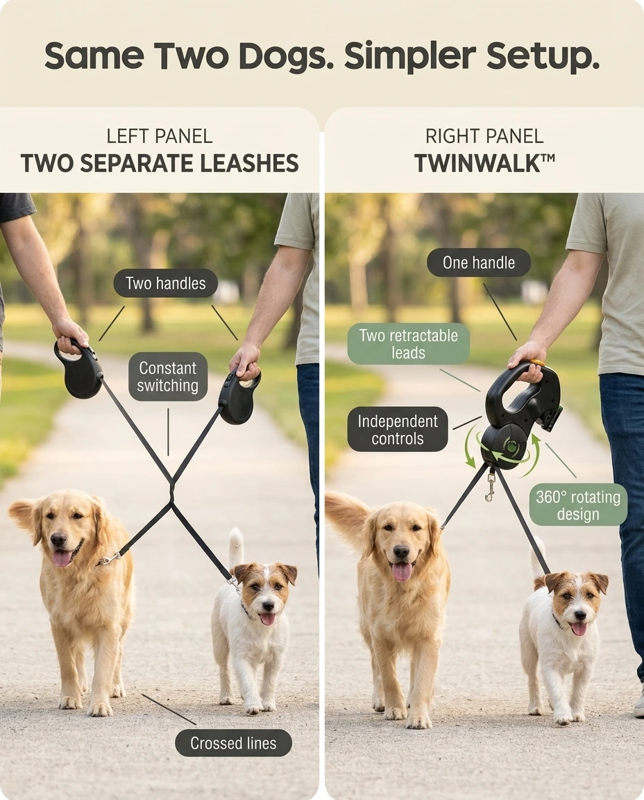 Comparison of walking two dogs with two separate leashes versus one TwinWalk handle