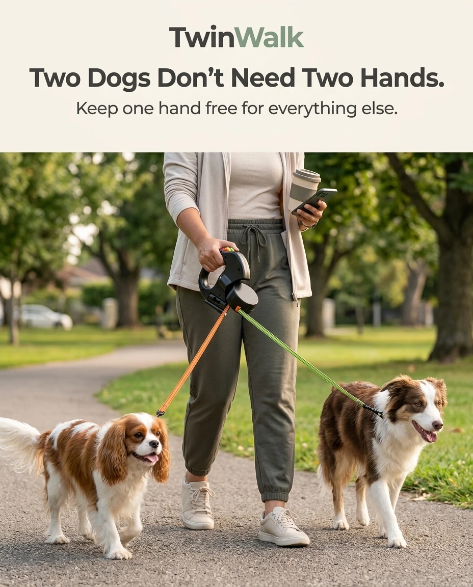Owner walking two dogs one-handed while holding a coffee and phone