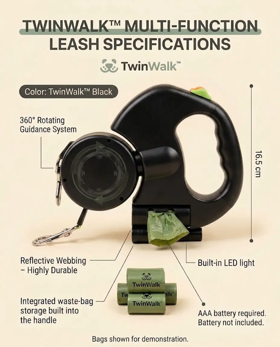 TwinWalk 360 specifications: dual retractable leads, 360° rotating mechanism, independent controls, LED light, waste-bag storage and reflective webbing